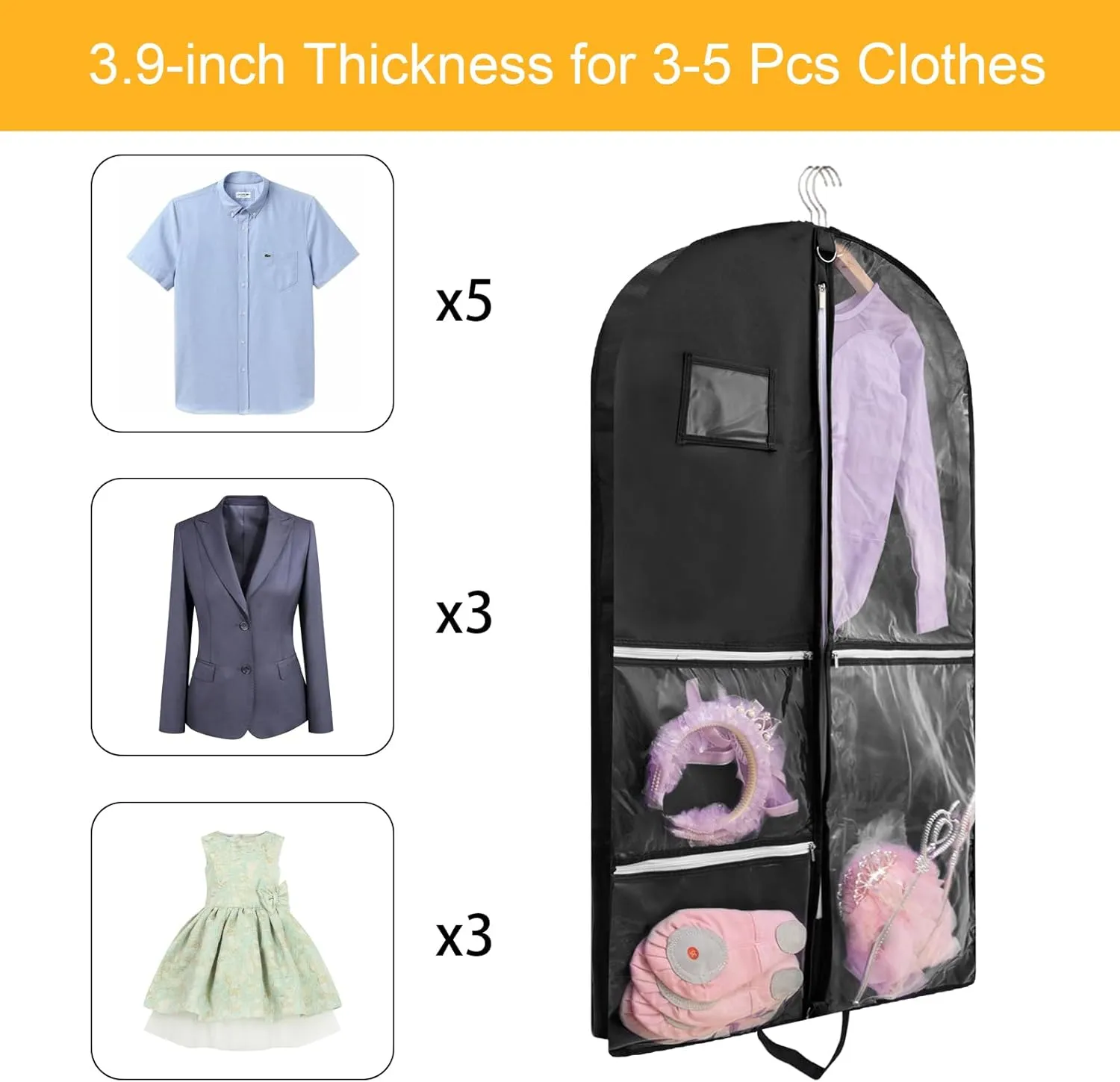 Dance Costume Bag, Garment Bags 40 Inch for Dance Competitions, Garment Bags for Travel, Portable Foldable Dust-Proof Storage Bags for Coats,5 Clear Zipper Pockets,suitable to Gowns,Dresses(black)