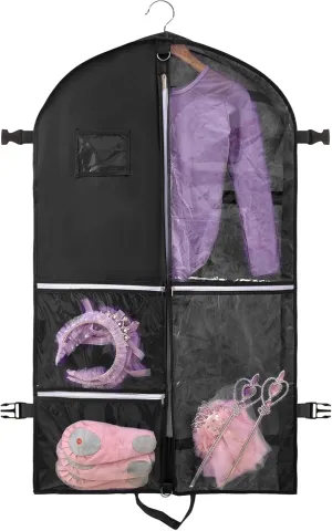 Dance Costume Bag, Garment Bags 40 Inch for Dance Competitions, Garment Bags for Travel, Portable Foldable Dust-Proof Storage Bags for Coats,5 Clear Zipper Pockets,suitable to Gowns,Dresses(black)