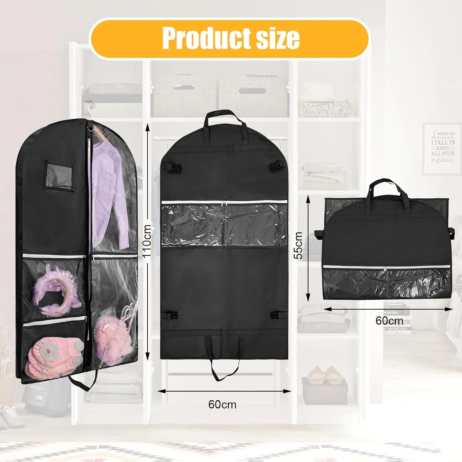 Dance Costume Bag, Garment Bags 40 Inch for Dance Competitions, Garment Bags for Travel, Portable Foldable Dust-Proof Storage Bags for Coats,5 Clear Zipper Pockets,suitable to Gowns,Dresses(black)