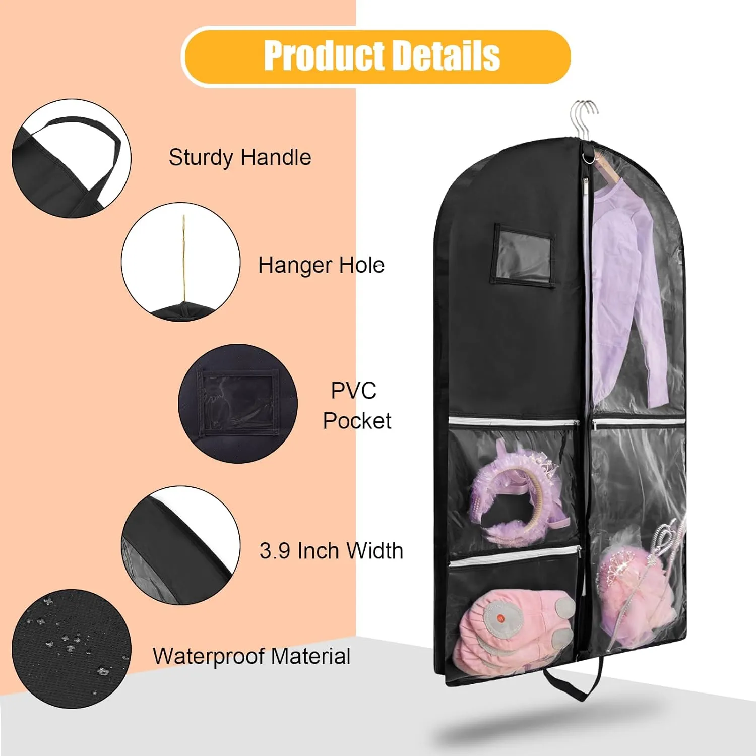 Dance Costume Bag, Garment Bags 40 Inch for Dance Competitions, Garment Bags for Travel, Portable Foldable Dust-Proof Storage Bags for Coats,5 Clear Zipper Pockets,suitable to Gowns,Dresses(black)