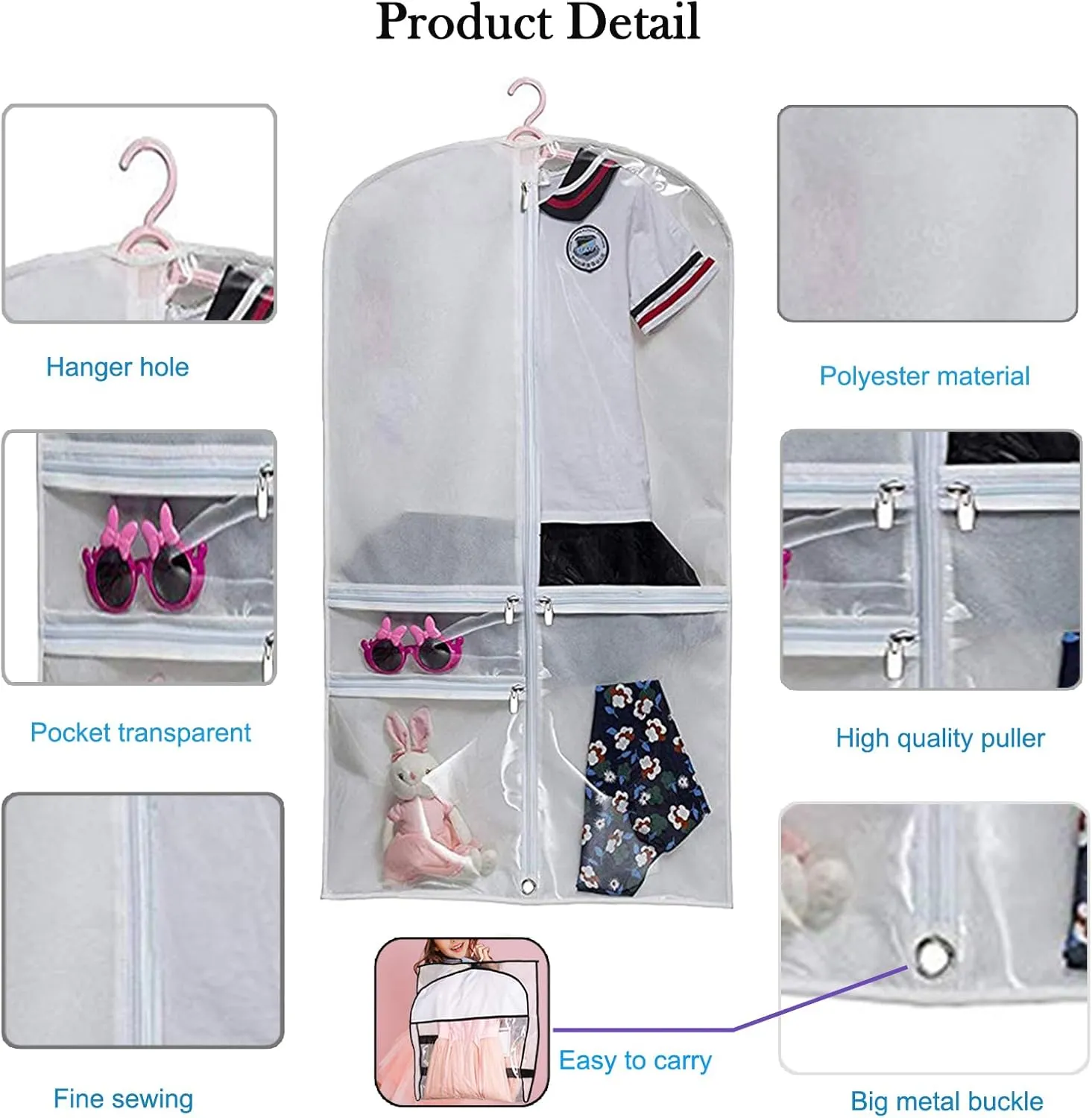Dance Costume Bags,Dance Garment Bags For Dancers with Zippered Pockets, 39 Inch Garment Bags For Hanging Clothes,Garment Bags For Travel,Kids Garment Bag for Dance Competitions (White, 3 PACK)
