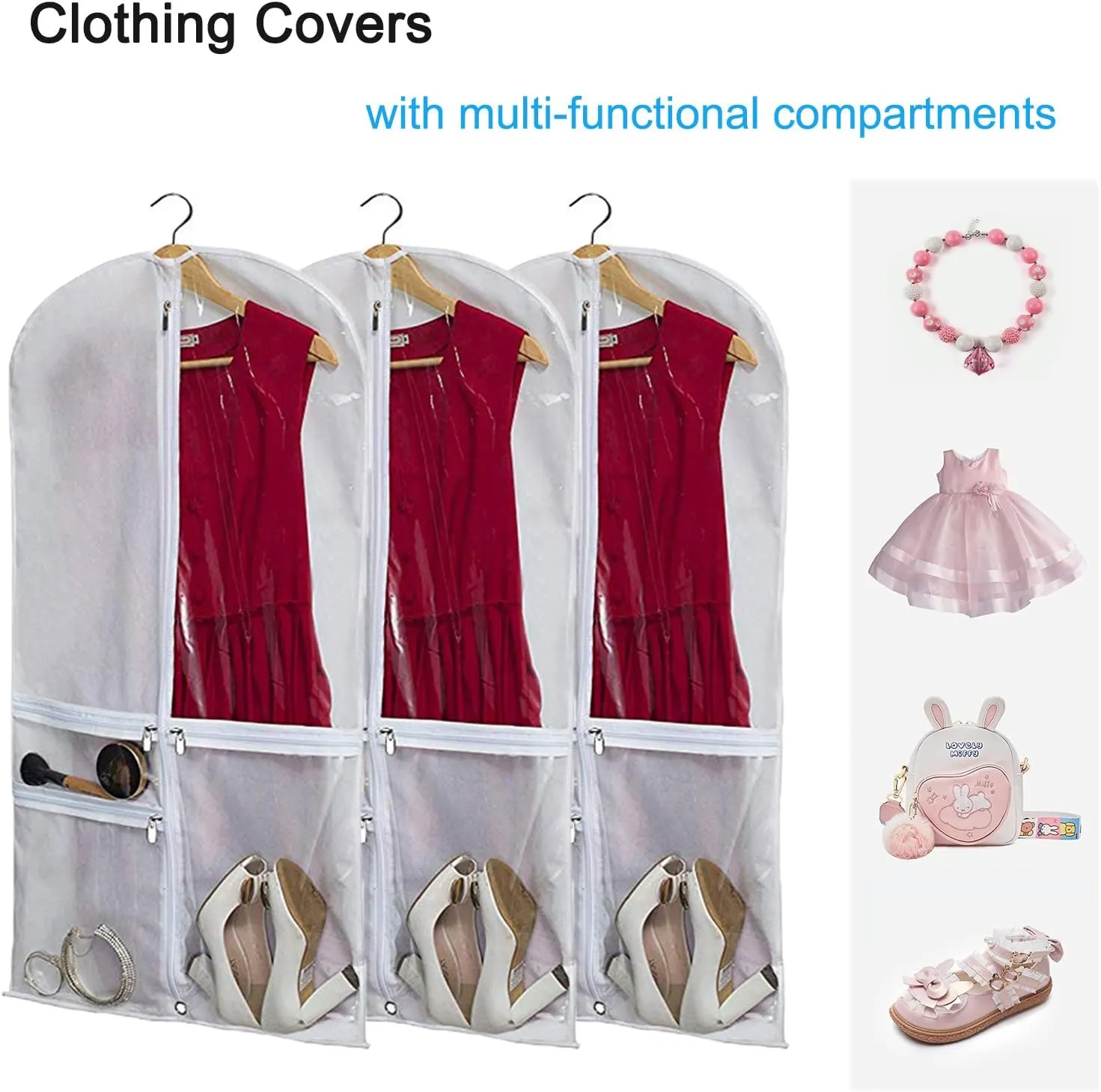 Dance Costume Bags,Dance Garment Bags For Dancers with Zippered Pockets, 39 Inch Garment Bags For Hanging Clothes,Garment Bags For Travel,Kids Garment Bag for Dance Competitions (White, 3 PACK)