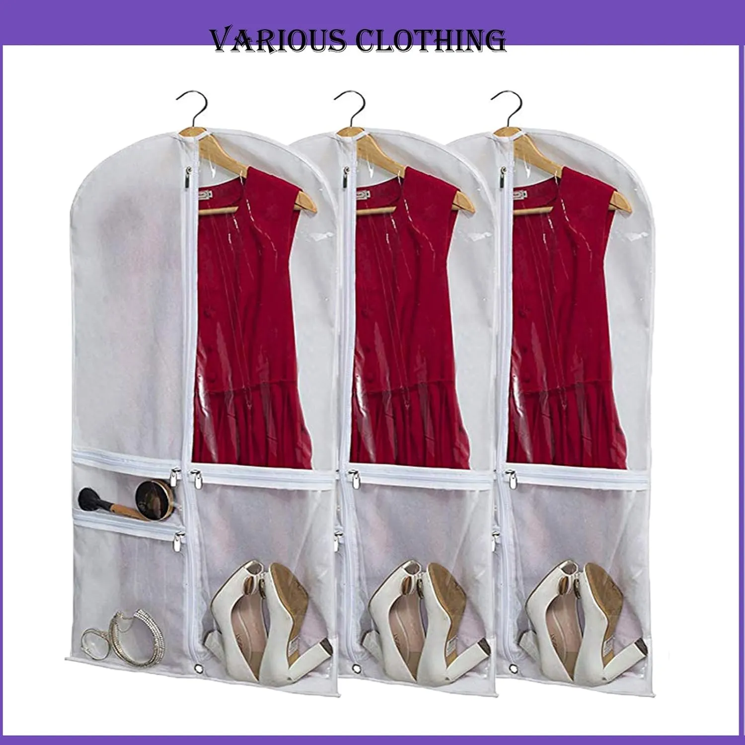 Dance Costume Bags,Dance Garment Bags For Dancers with Zippered Pockets, 39 Inch Garment Bags For Hanging Clothes,Garment Bags For Travel,Kids Garment Bag for Dance Competitions (White, 3 PACK)