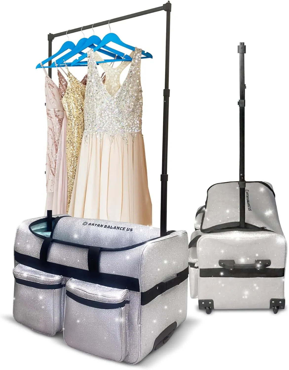 Dance Duffle Bag with Garment Rack 28" – Silver Glittering Rolling Dance Competition Bag for Shows, Travel and Performances – Collapsible Dance Suitcase with Portable Trolley and Storage Pockets
