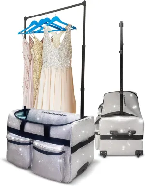 Dance Duffle Bag with Garment Rack 28" – Silver Glittering Rolling Dance Competition Bag for Shows, Travel and Performances – Collapsible Dance Suitcase with Portable Trolley and Storage Pockets