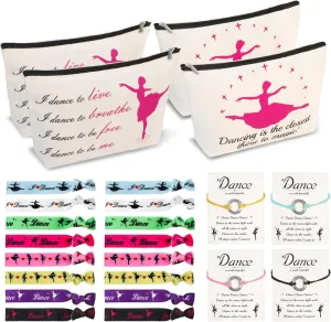 Dance Makeup Bags, 24pcs Dance Gifts for Girls 4 Dancer Makeup Bags 16 Hair Ties 4 Wish Bracelets Personalized Dance Stuff for Dancer Dance Teacher (I Love Dance)