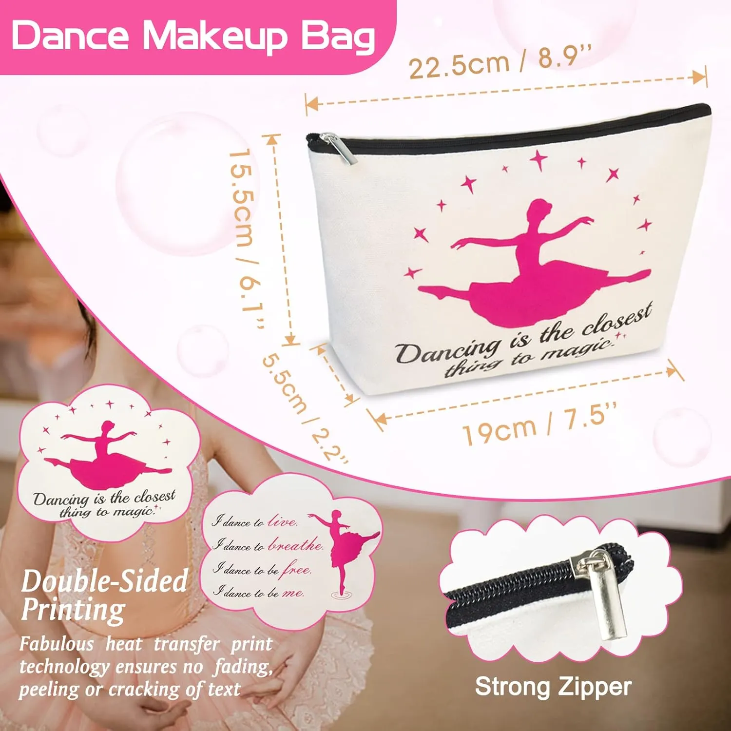 Dance Makeup Bags, 24pcs Dance Gifts for Girls 4 Dancer Makeup Bags 16 Hair Ties 4 Wish Bracelets Personalized Dance Stuff for Dancer Dance Teacher (I Love Dance)
