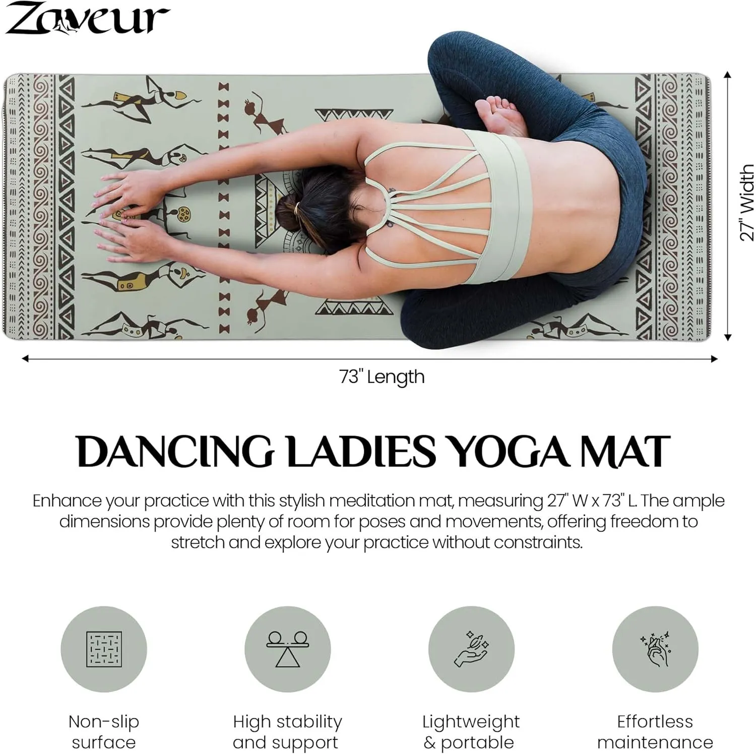 Dancing Ladies Suede Yoga Mat - 27" W x 72" L Meditation Mat with Premium Soft Suede Front - Non Slip Exercise Mat with Rubber Back, Lightweight, Foldable Exercise Travel Mats