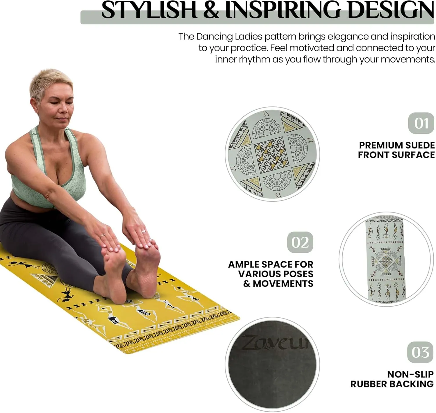 Dancing Ladies Suede Yoga Mat - 27" W x 72" L Meditation Mat with Premium Soft Suede Front - Non Slip Exercise Mat with Rubber Back, Lightweight, Foldable Exercise Travel Mats