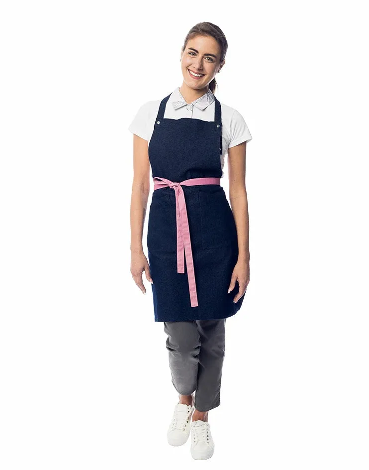 Dark Denim Bib Apron with Pink Strap