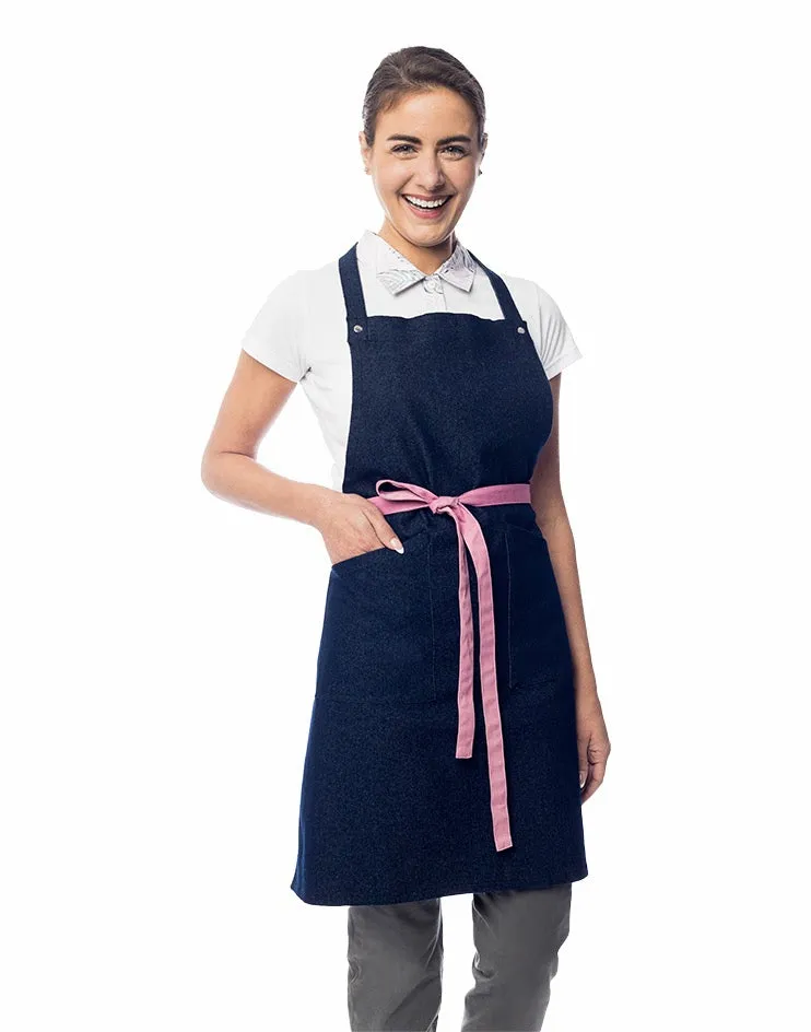 Dark Denim Bib Apron with Pink Strap