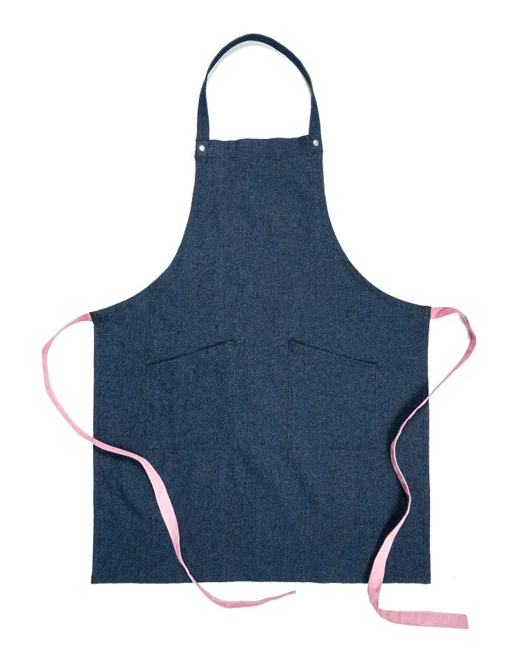 Dark Denim Bib Apron with Pink Strap