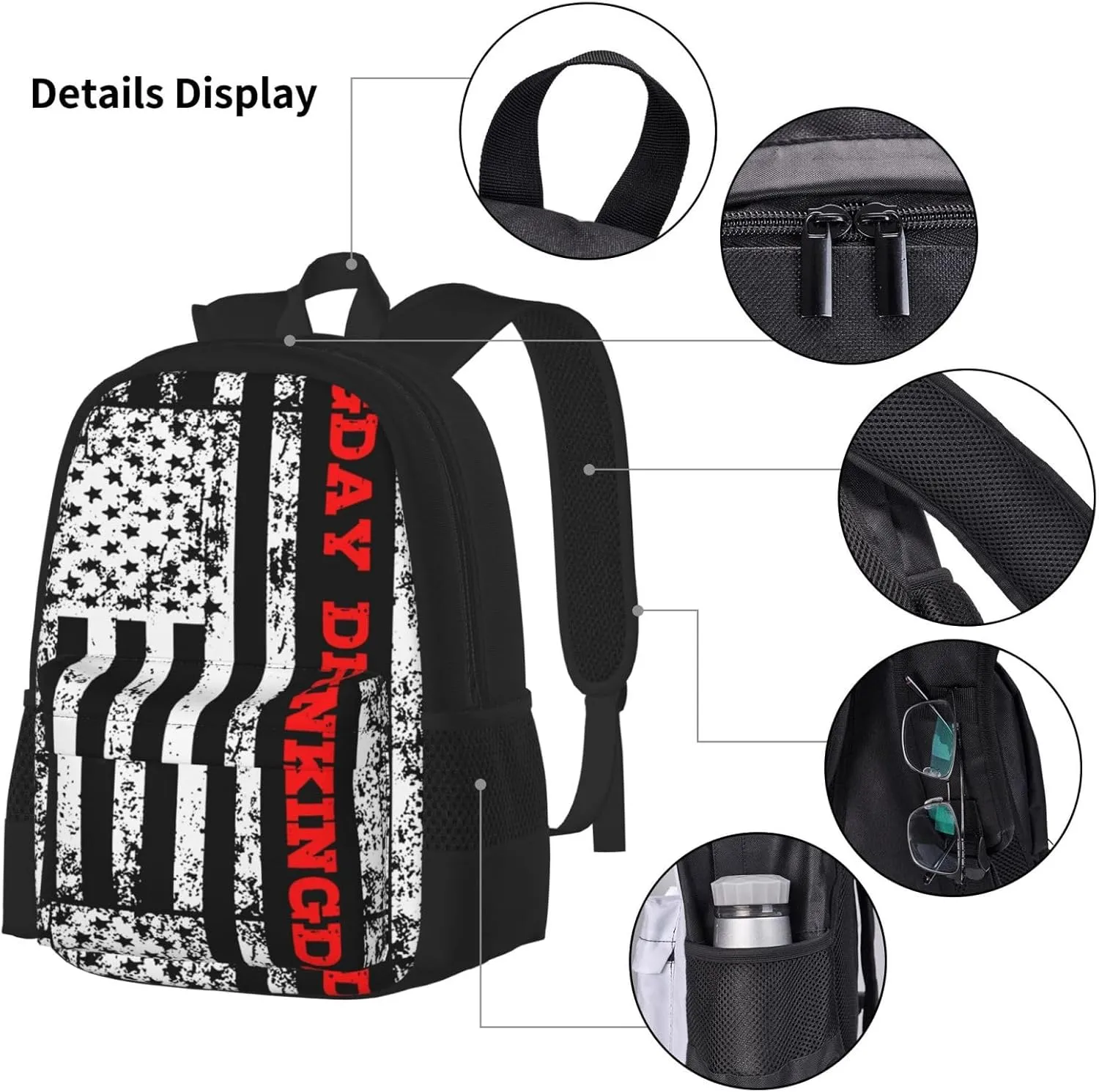 Day Drinkings American Flag Multifunctional Pocket Backpack Crossbody Lunch Bag Pencil Case 3Pcs Set Large Capacity Backpack