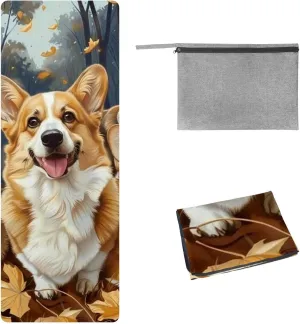 Deciduous Corgis Yoga Towel with Travel Bag for Sweat, Suede Absorbent Quick-dry Yoga Blankets,Hot Yoga Mat Towel Non Slip Rubber for Fitness,Pilates and Workout 72.8''x26.8''