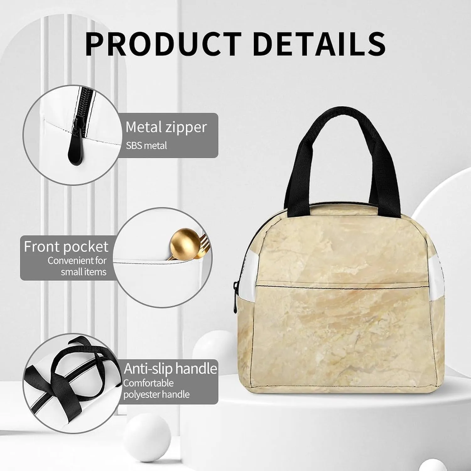 Decorator Beige Granite Stone Look Cute Lunch Bags for Men And Women, Large Capacity Lunch Tote Bags with Adjustable Shoulder Straps, Reusable Insulated Lunch Boxes