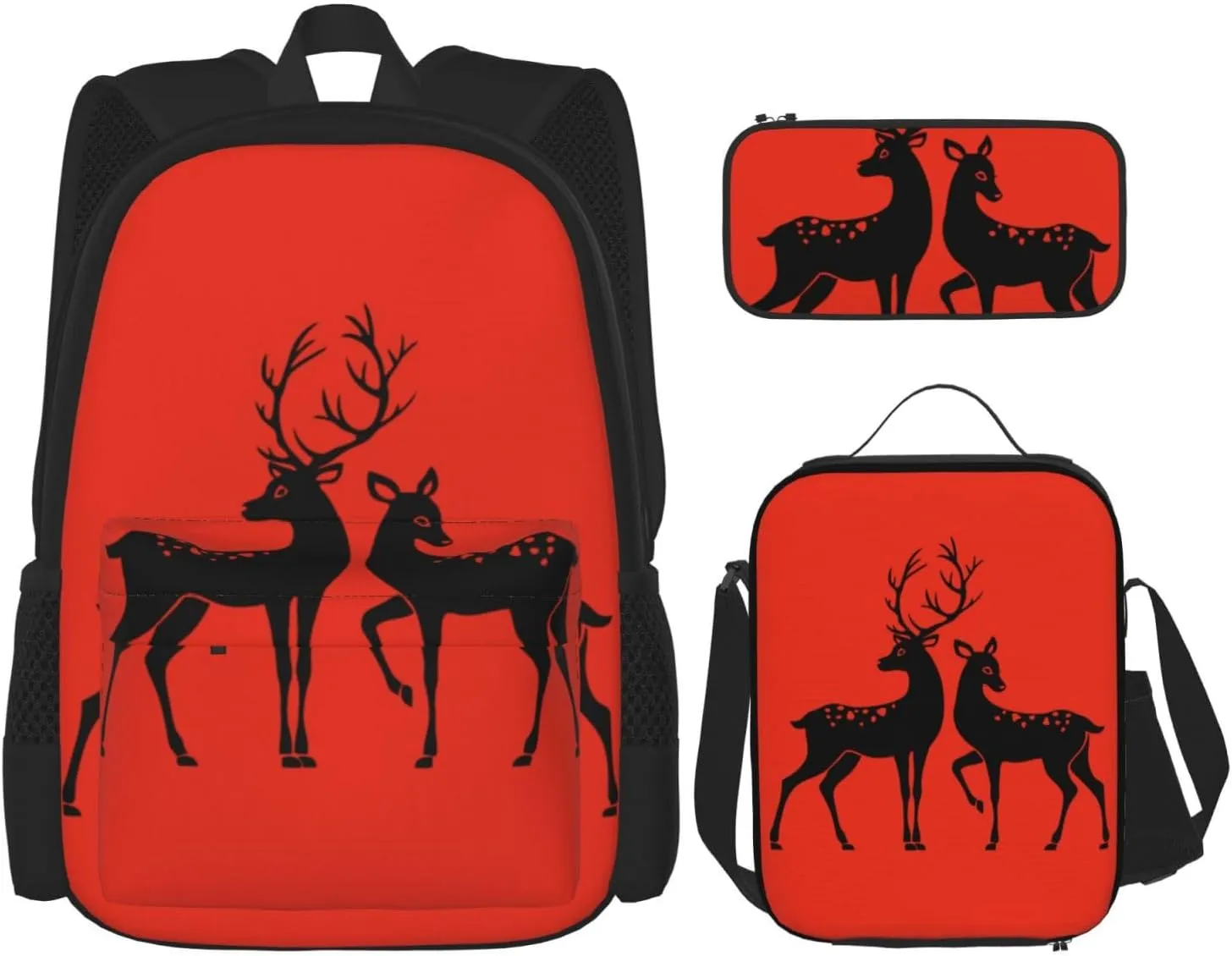 Deer Print 3 In 1 Backpack Set With Lunch Bag And Pencil Case,Suitable Work,Picnic,Travel