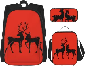 Deer Print 3 In 1 Backpack Set With Lunch Bag And Pencil Case,Suitable Work,Picnic,Travel