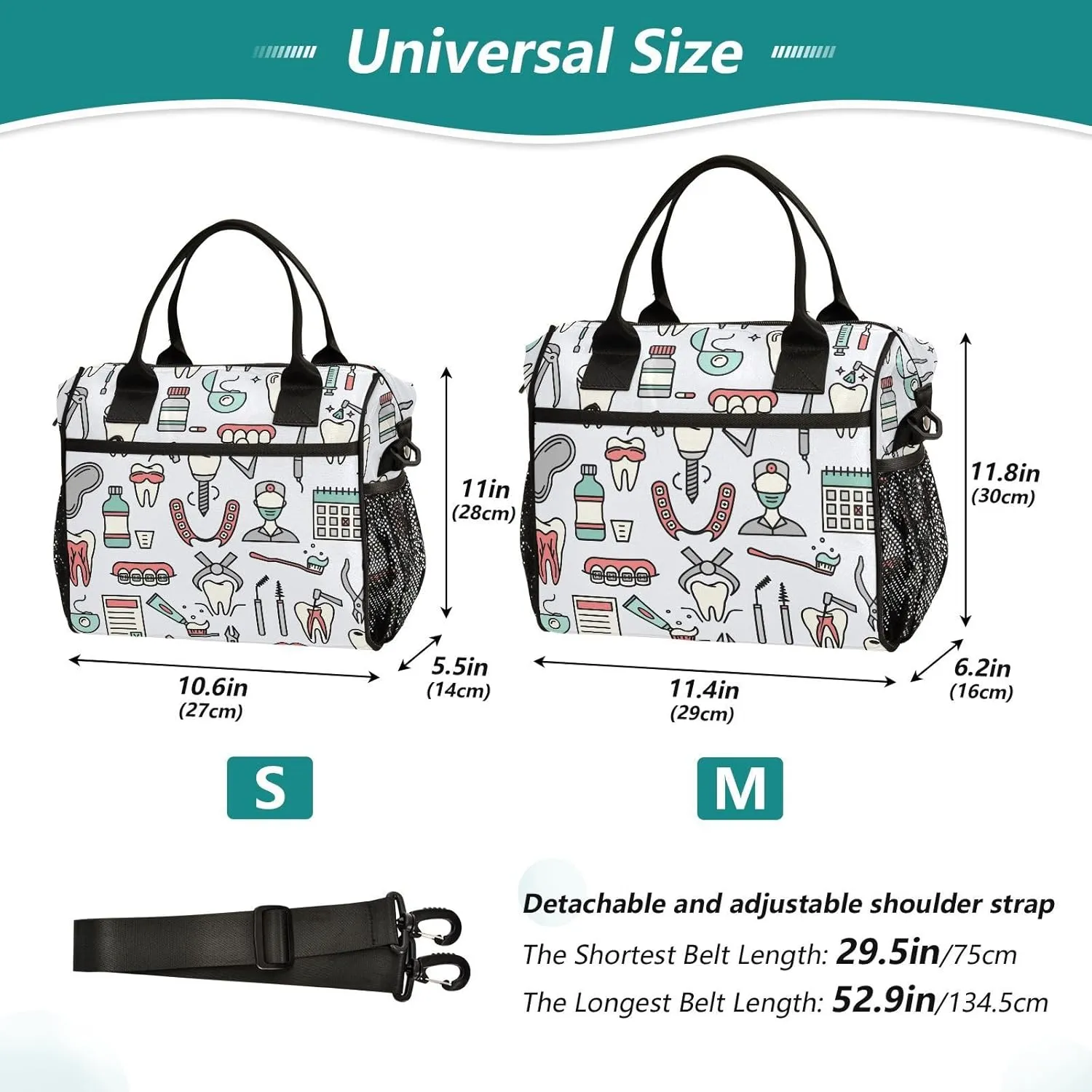 Dentistry Dental Pattern Lunch Bag Reusable Lunch Box for Office Picnic Hiking Beach, Insulated Cooler Tote Food Container with Adjustable Shoulder Strap for Men Women Adults