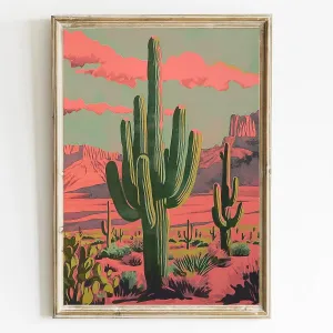 Desert Landscape Canvas Wall Art Sonoran Desert Painting Abstract Cactus Wall Art Southwestern Art Prints on Canvas Mountain Botanical Art Vintage Cactus Prints for Living Room 16x24inch No Frame