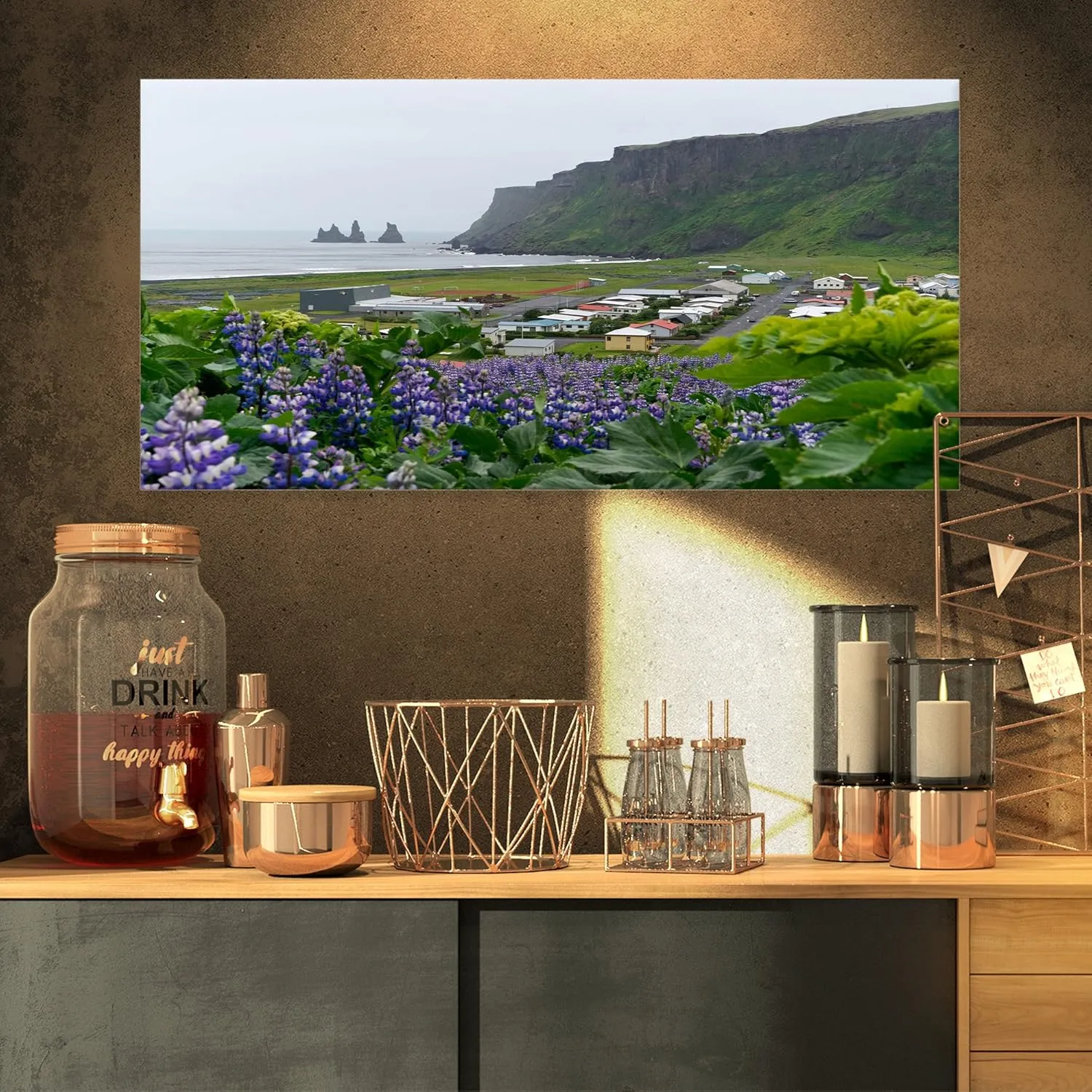Designart PT9027-32-16 Icelandic Town Vik-Landscape Photography Canvas Print-32x16, 32x16, Green