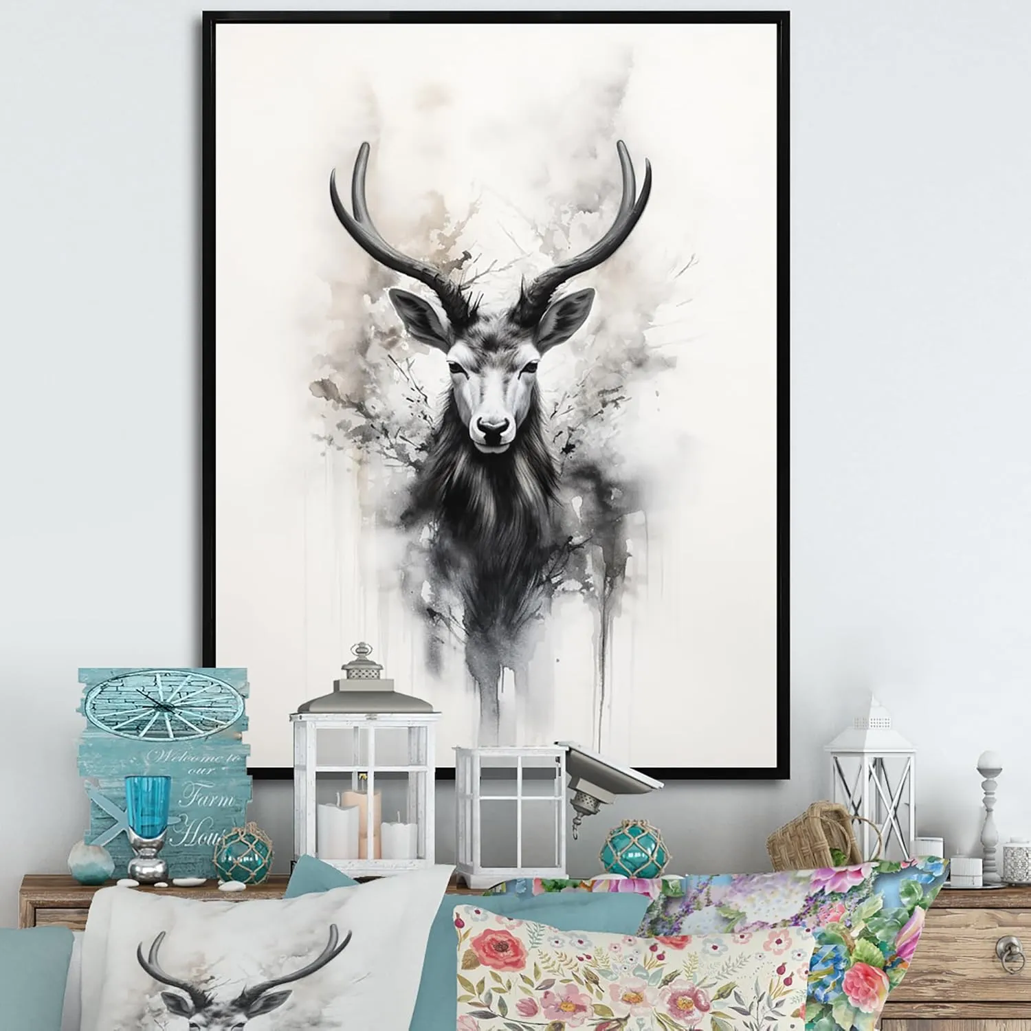 DesignQ Grey Global Canvas wall art, Asian Art Wall Art, Sumi Art with Asian Antelopes I, Asian art Black Framed Wall art decor, 16x32 inches