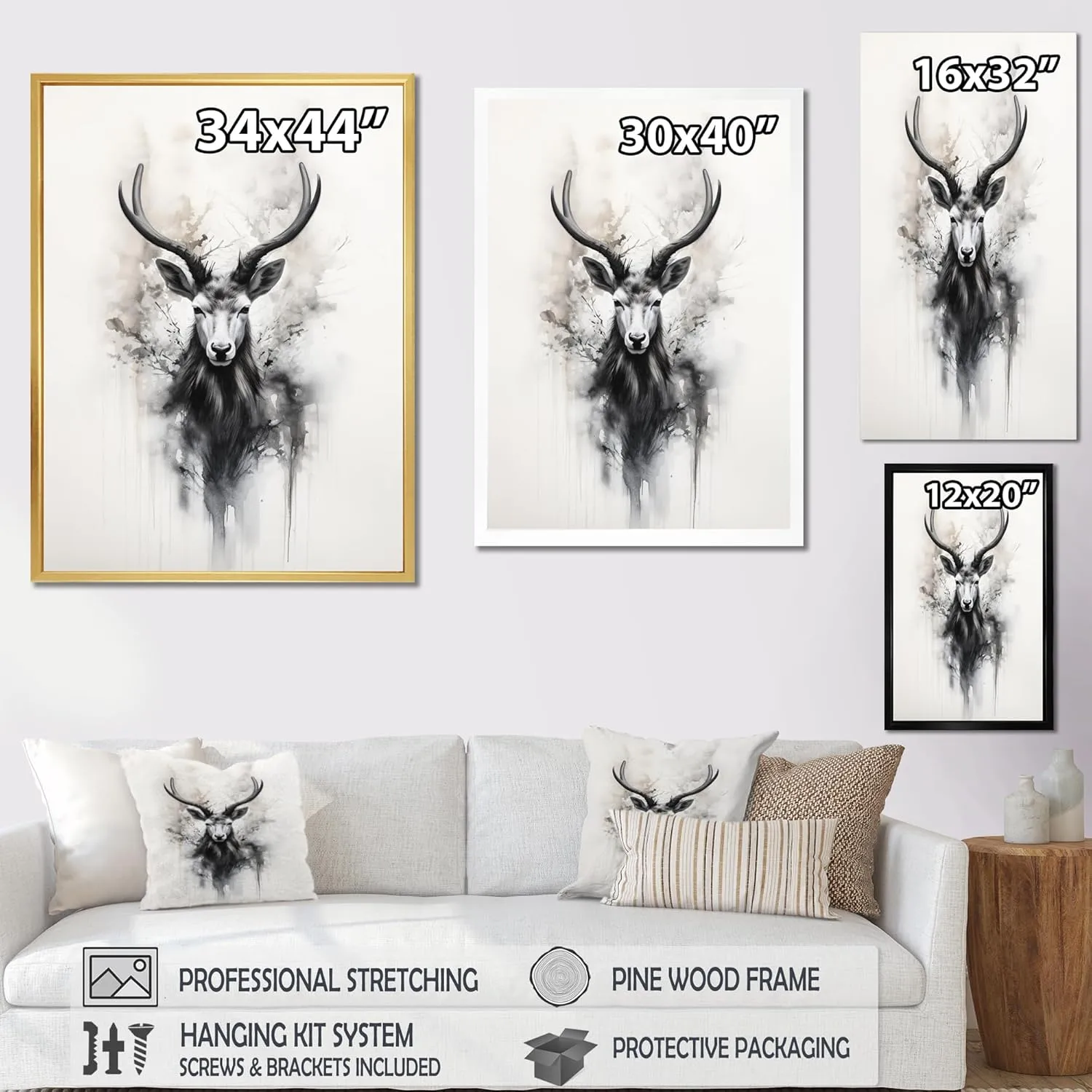 DesignQ Grey Global Canvas wall art, Asian Art Wall Art, Sumi Art with Asian Antelopes I, Asian art Black Framed Wall art decor, 16x32 inches
