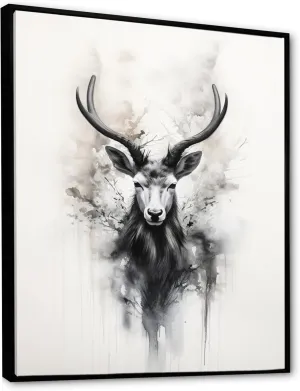 DesignQ Grey Global Canvas wall art, Asian Art Wall Art, Sumi Art with Asian Antelopes I, Asian art Black Framed Wall art decor, 16x32 inches