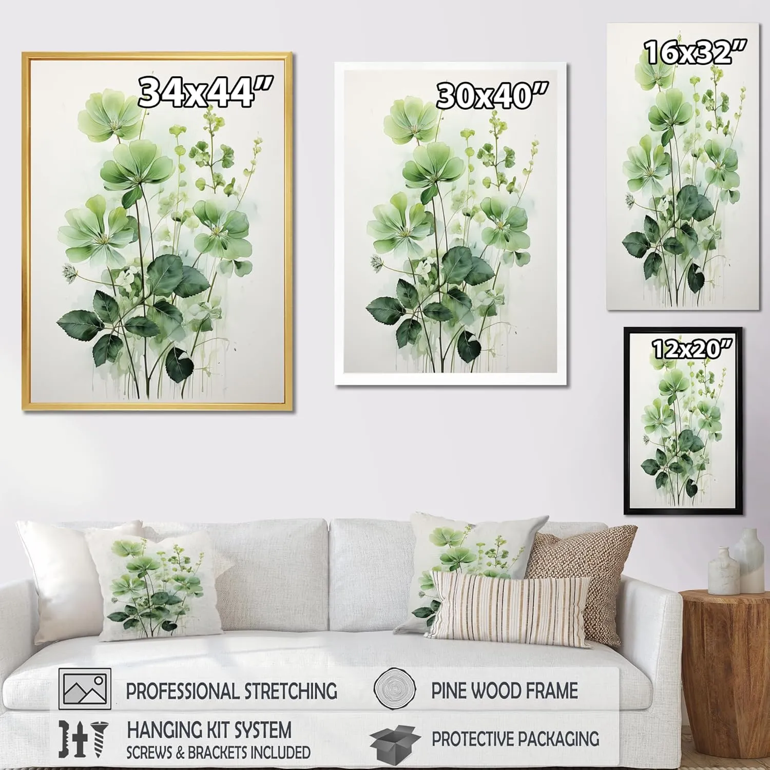 DesignQ Large Minimalism Wall Art, Green Minimalism Forms Of Ferms, Minimalism Wall art decor, Green Modern & Contemporary Canvas wall art, 12x20 inches
