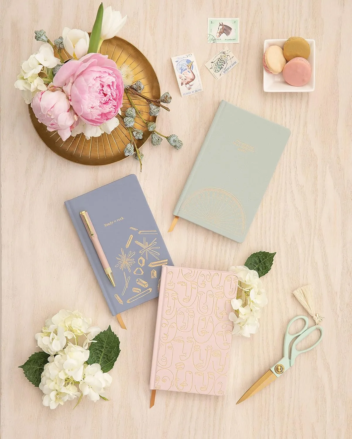 DesignWorks Ink Cloth Hardcover Journal Notebook with Lined Pages and Ribbon Marker for Work, Writing, Journaling - Blush Pink Journal with Gold Faces Abstract Art Design 5.125" x 8.25"