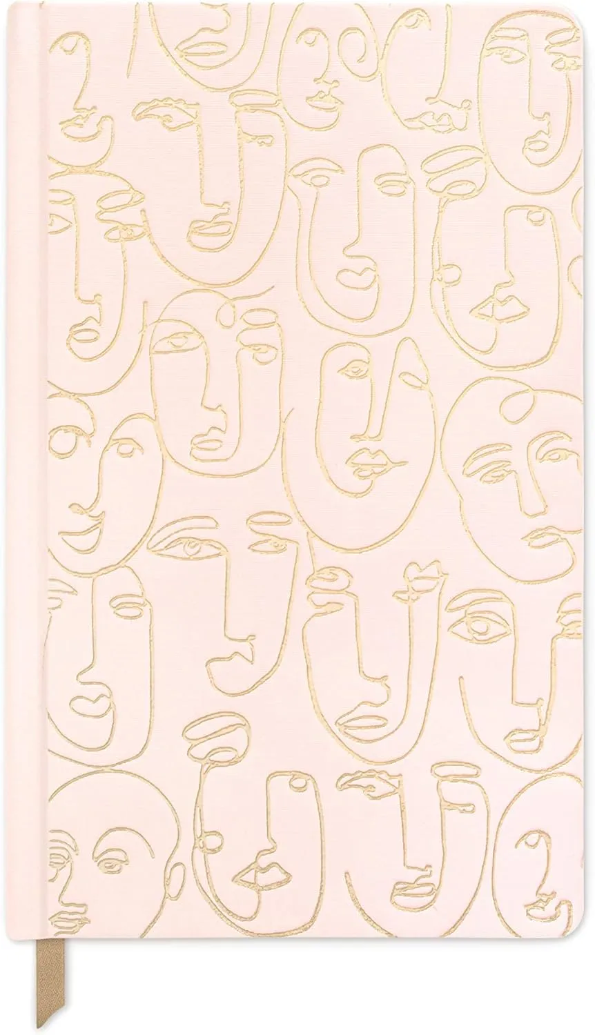 DesignWorks Ink Cloth Hardcover Journal Notebook with Lined Pages and Ribbon Marker for Work, Writing, Journaling - Blush Pink Journal with Gold Faces Abstract Art Design 5.125" x 8.25"