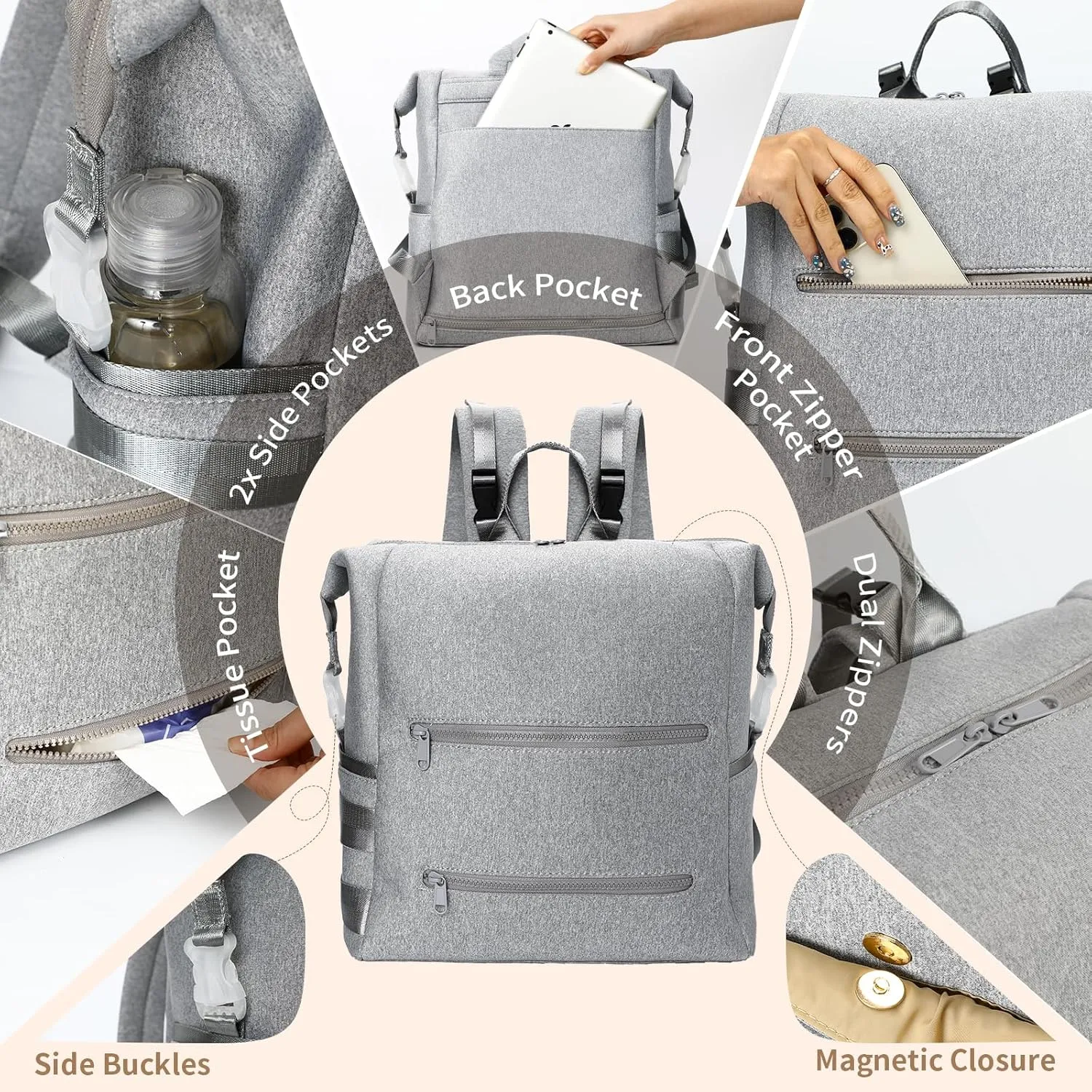 Diaper Bag Backpack,Large Neoprene Baby Bag for Boys Girls with 15 Diaper Bag Organizer,2 Insulated Pockets,Changing Pad,Stroller Straps,Gray