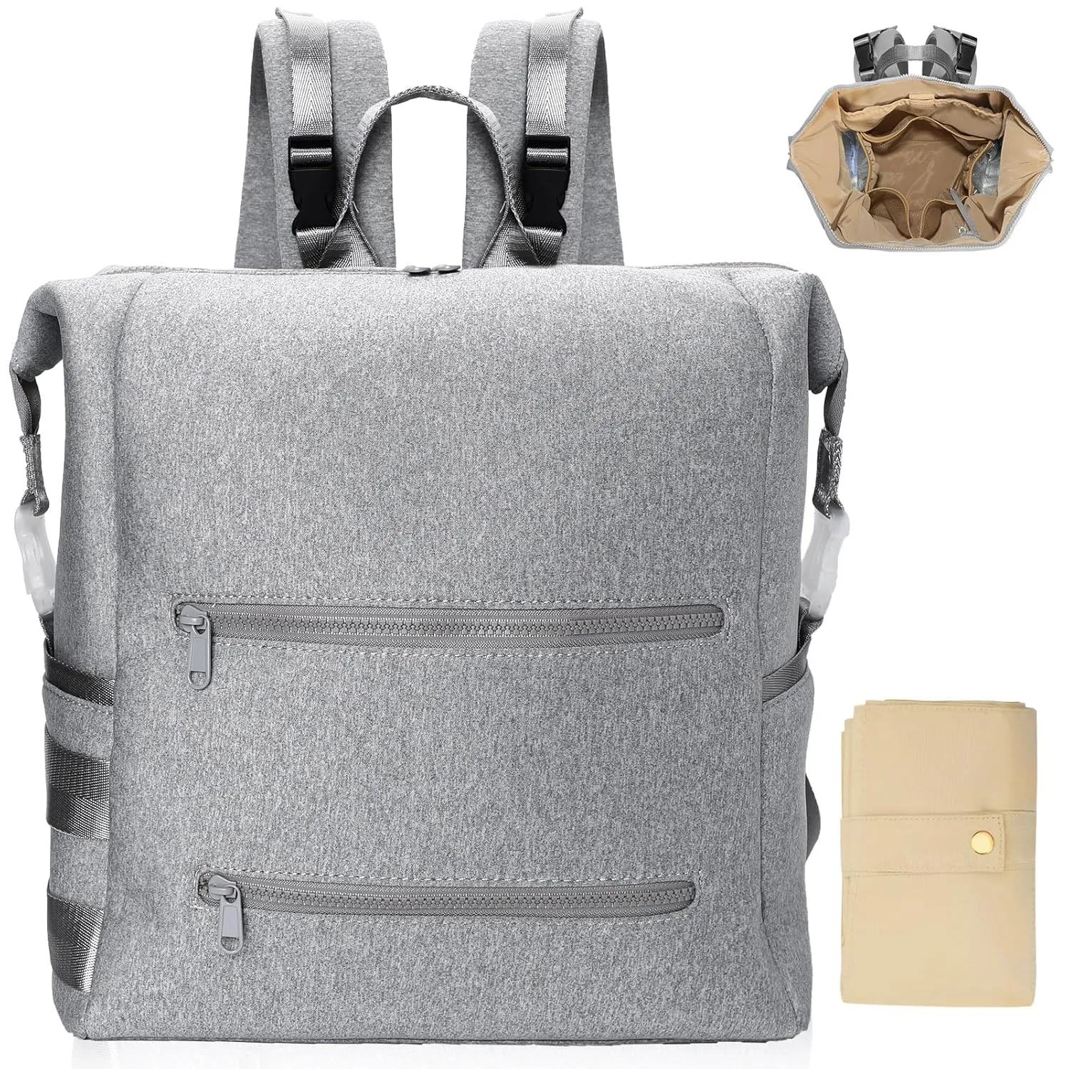 Diaper Bag Backpack,Large Neoprene Baby Bag for Boys Girls with 15 Diaper Bag Organizer,2 Insulated Pockets,Changing Pad,Stroller Straps,Gray