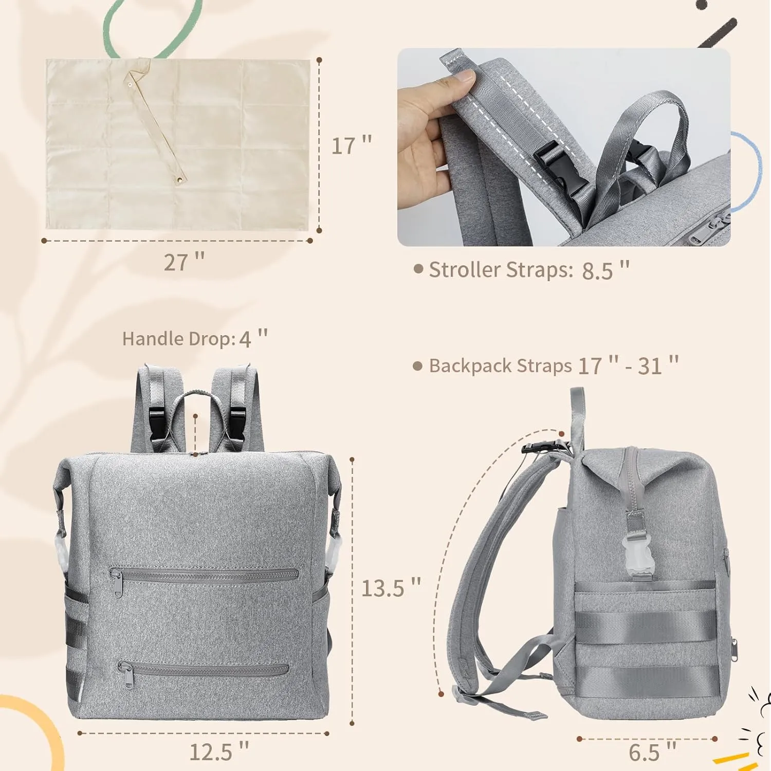 Diaper Bag Backpack,Large Neoprene Baby Bag for Boys Girls with 15 Diaper Bag Organizer,2 Insulated Pockets,Changing Pad,Stroller Straps,Gray