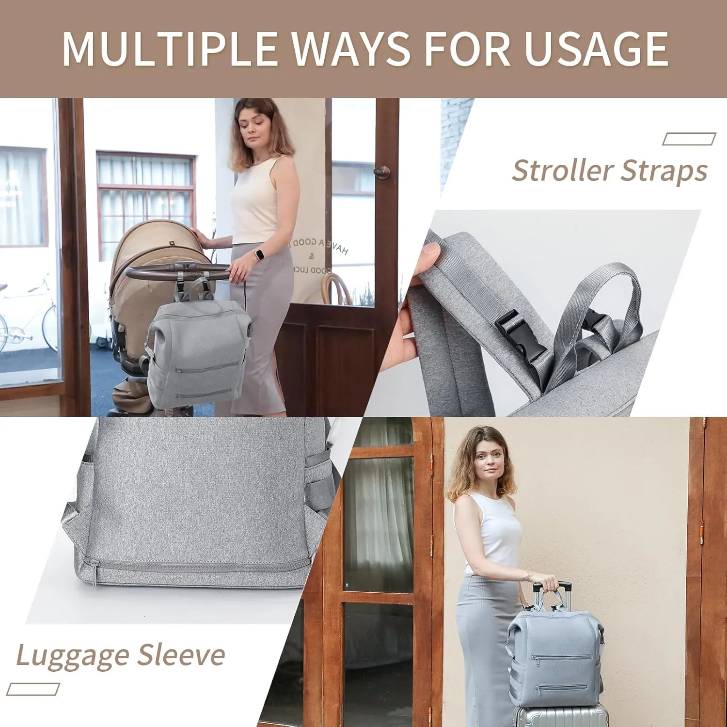 Diaper Bag Backpack,Large Neoprene Baby Bag for Boys Girls with 15 Diaper Bag Organizer,2 Insulated Pockets,Changing Pad,Stroller Straps,Gray
