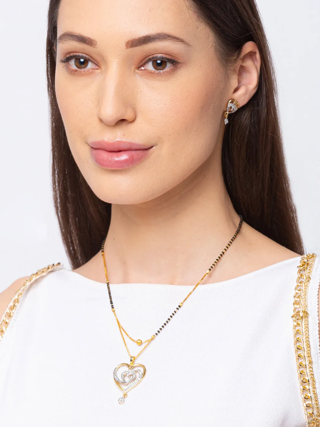 Digital Dress Room Diamond Gold Plated Short Mangalsutra set with Earrings मंगलसूत्र Latest Design/Cz Solitaire/Black Beads Chain Heart Love Shape Pendant  New Mangalsutra Designs For Women (20 Inches)