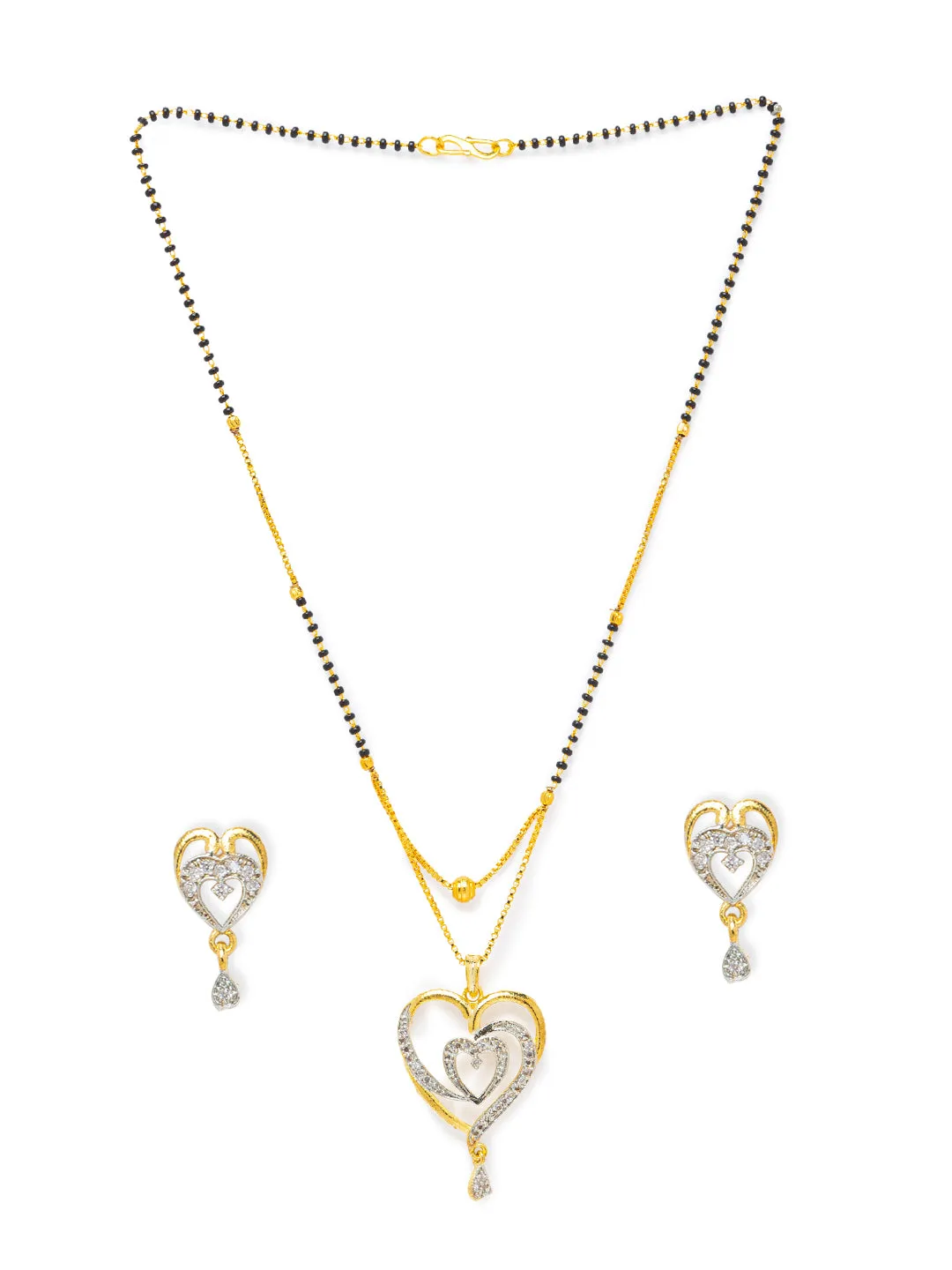 Digital Dress Room Diamond Gold Plated Short Mangalsutra set with Earrings मंगलसूत्र Latest Design/Cz Solitaire/Black Beads Chain Heart Love Shape Pendant  New Mangalsutra Designs For Women (20 Inches)