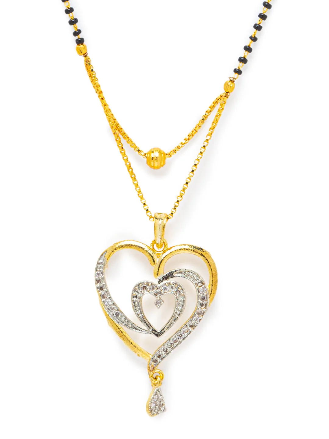 Digital Dress Room Diamond Gold Plated Short Mangalsutra set with Earrings मंगलसूत्र Latest Design/Cz Solitaire/Black Beads Chain Heart Love Shape Pendant  New Mangalsutra Designs For Women (20 Inches)