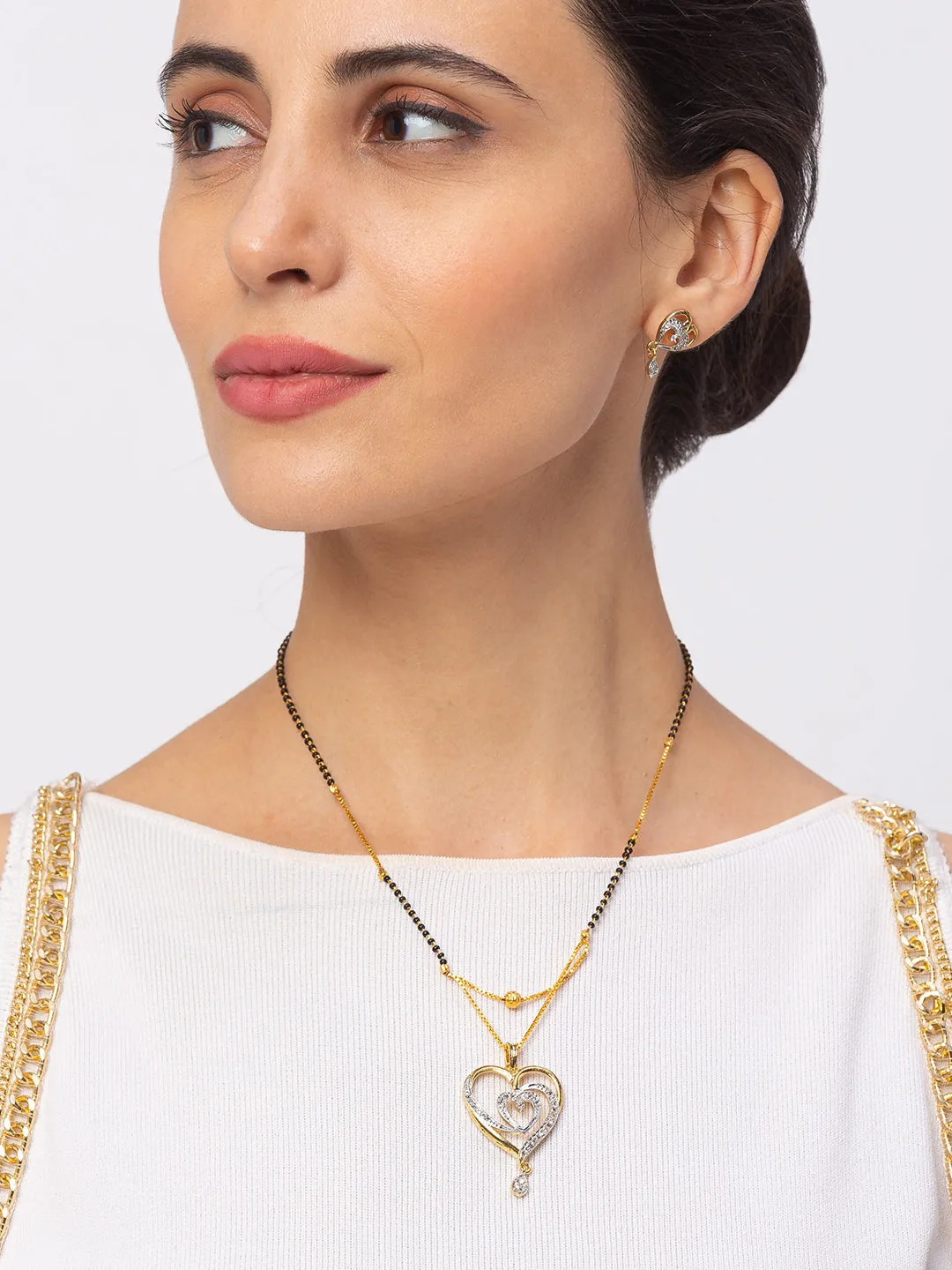 Digital Dress Room Diamond Gold Plated Short Mangalsutra set with Earrings मंगलसूत्र Latest Design/Cz Solitaire/Black Beads Chain Heart Love Shape Pendant  New Mangalsutra Designs For Women (20 Inches)