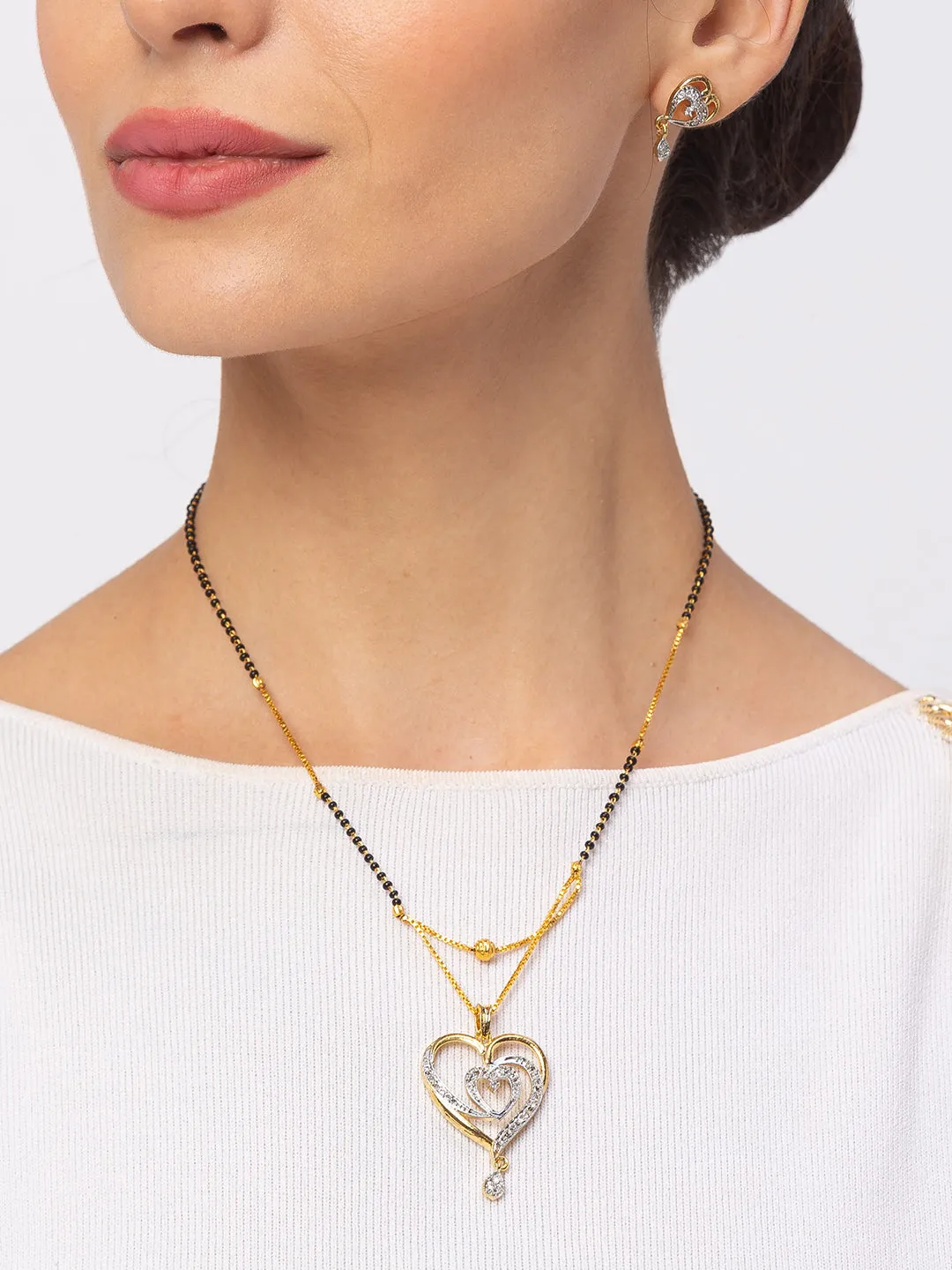 Digital Dress Room Diamond Gold Plated Short Mangalsutra set with Earrings मंगलसूत्र Latest Design/Cz Solitaire/Black Beads Chain Heart Love Shape Pendant  New Mangalsutra Designs For Women (20 Inches)