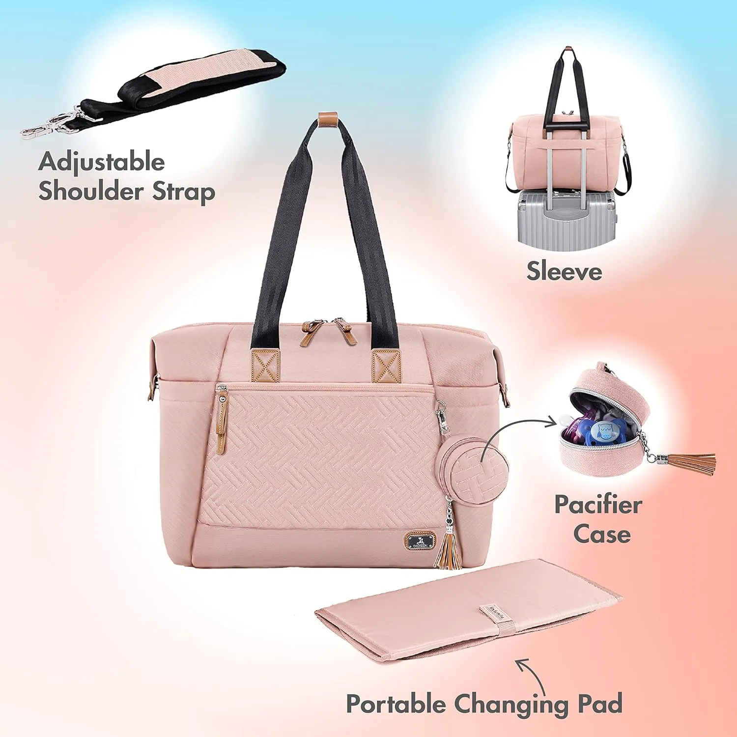 Dikaslon Diaper Bag Tote, Large Travel diaper tote for Mom and Dad, Multifunction baby tote bag for Boys and Girls with Pacifier Case and Changing Pad, Pink