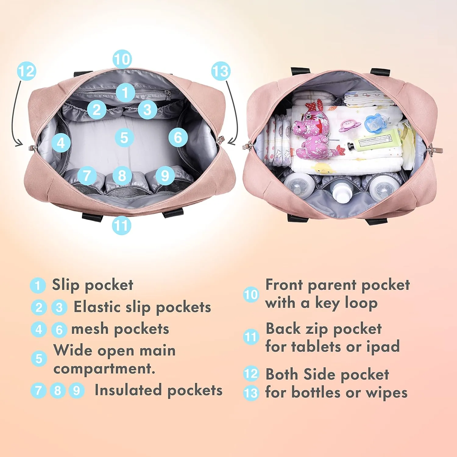 Dikaslon Diaper Bag Tote, Large Travel diaper tote for Mom and Dad, Multifunction baby tote bag for Boys and Girls with Pacifier Case and Changing Pad, Pink