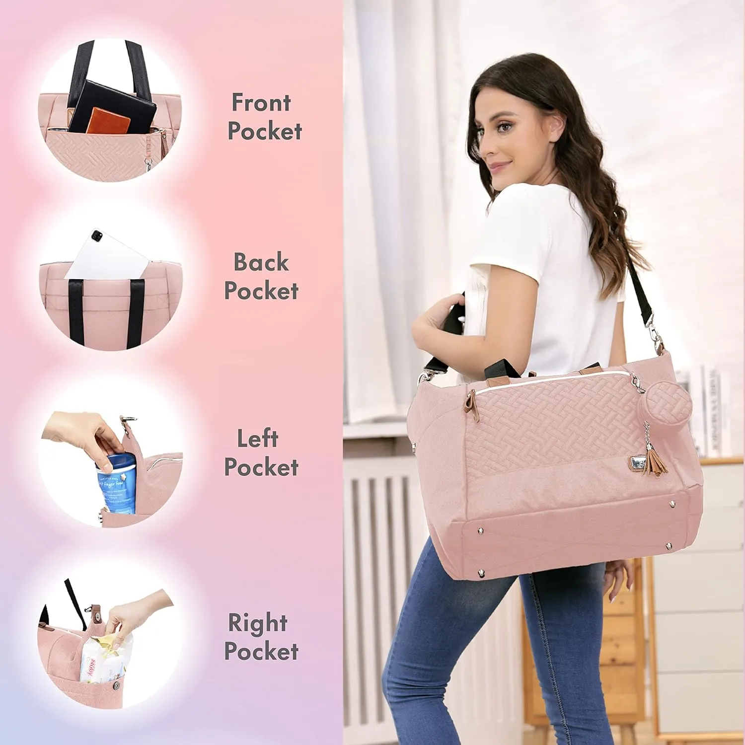 Dikaslon Diaper Bag Tote, Large Travel diaper tote for Mom and Dad, Multifunction baby tote bag for Boys and Girls with Pacifier Case and Changing Pad, Pink