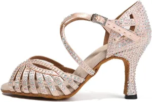 DKZSYIM Women's Satin Latin Dance Shoes Rhinestone Ballroom Salsa Performance Practice Dancing Shoes,Model YCL380