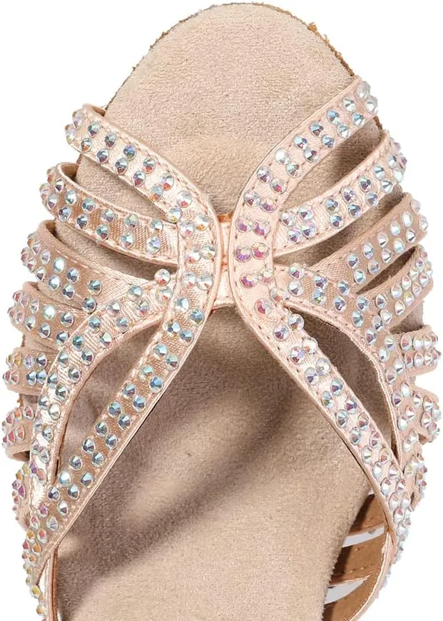 DKZSYIM Women's Satin Latin Dance Shoes Rhinestone Ballroom Salsa Performance Practice Dancing Shoes,Model YCL380