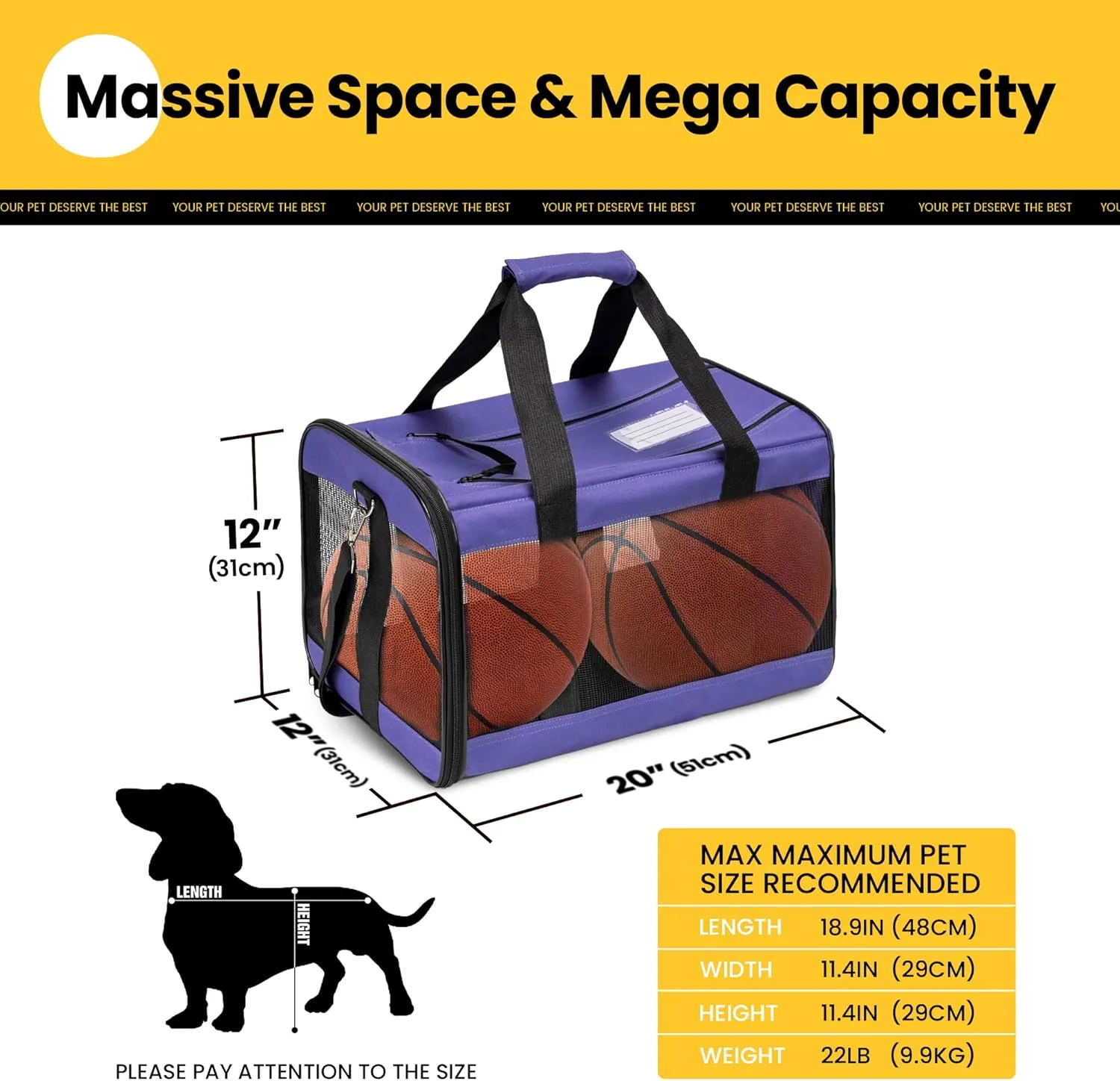 Dog Carrier Soft Sided, Large Cat Carrier with Inner Safety Leash, Pet Transport Carrier for Large Cats and Medium Dogs up to 20 Lbs, Collapsible Travel Puppy Carrier Bag -Purple L