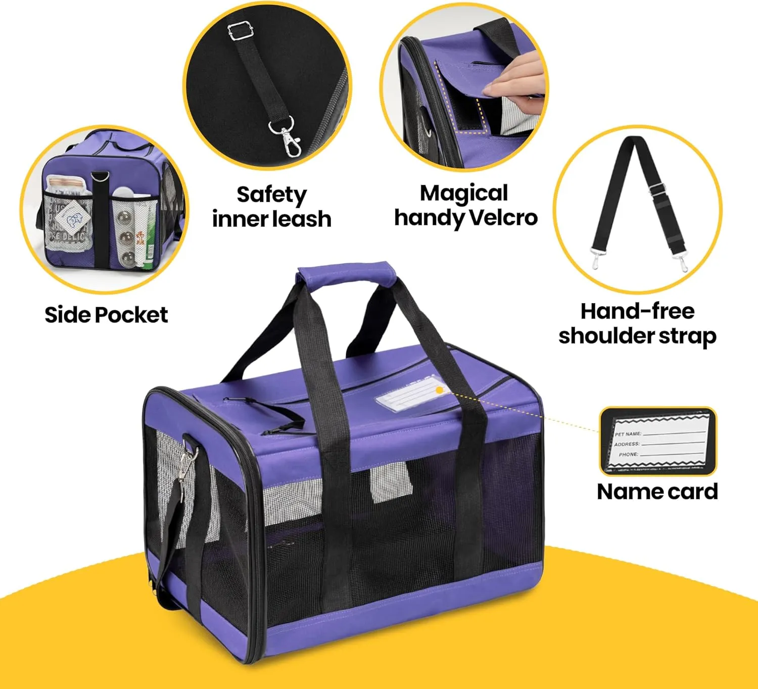 Dog Carrier Soft Sided, Large Cat Carrier with Inner Safety Leash, Pet Transport Carrier for Large Cats and Medium Dogs up to 20 Lbs, Collapsible Travel Puppy Carrier Bag -Purple L