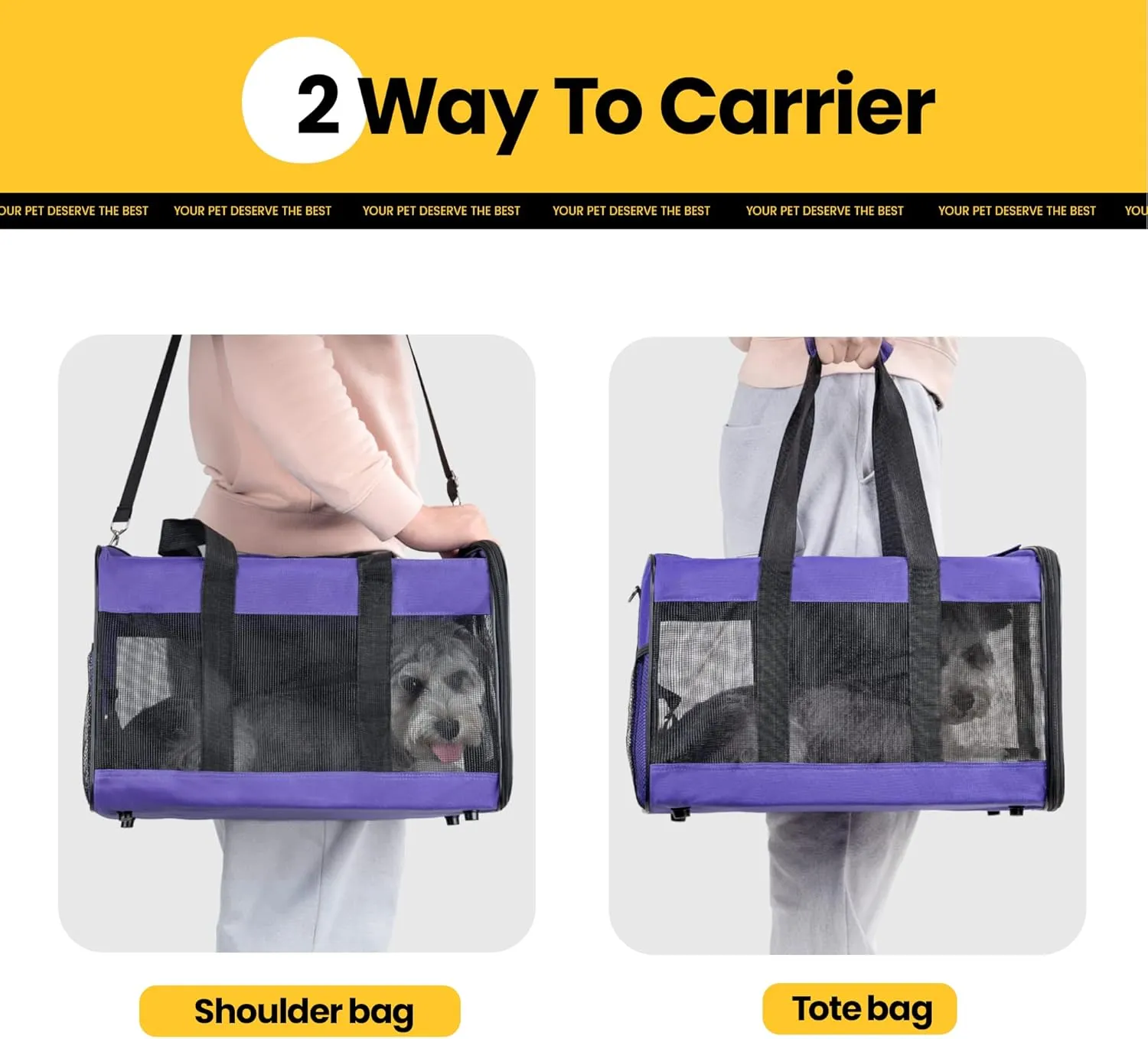 Dog Carrier Soft Sided, Large Cat Carrier with Inner Safety Leash, Pet Transport Carrier for Large Cats and Medium Dogs up to 20 Lbs, Collapsible Travel Puppy Carrier Bag -Purple L