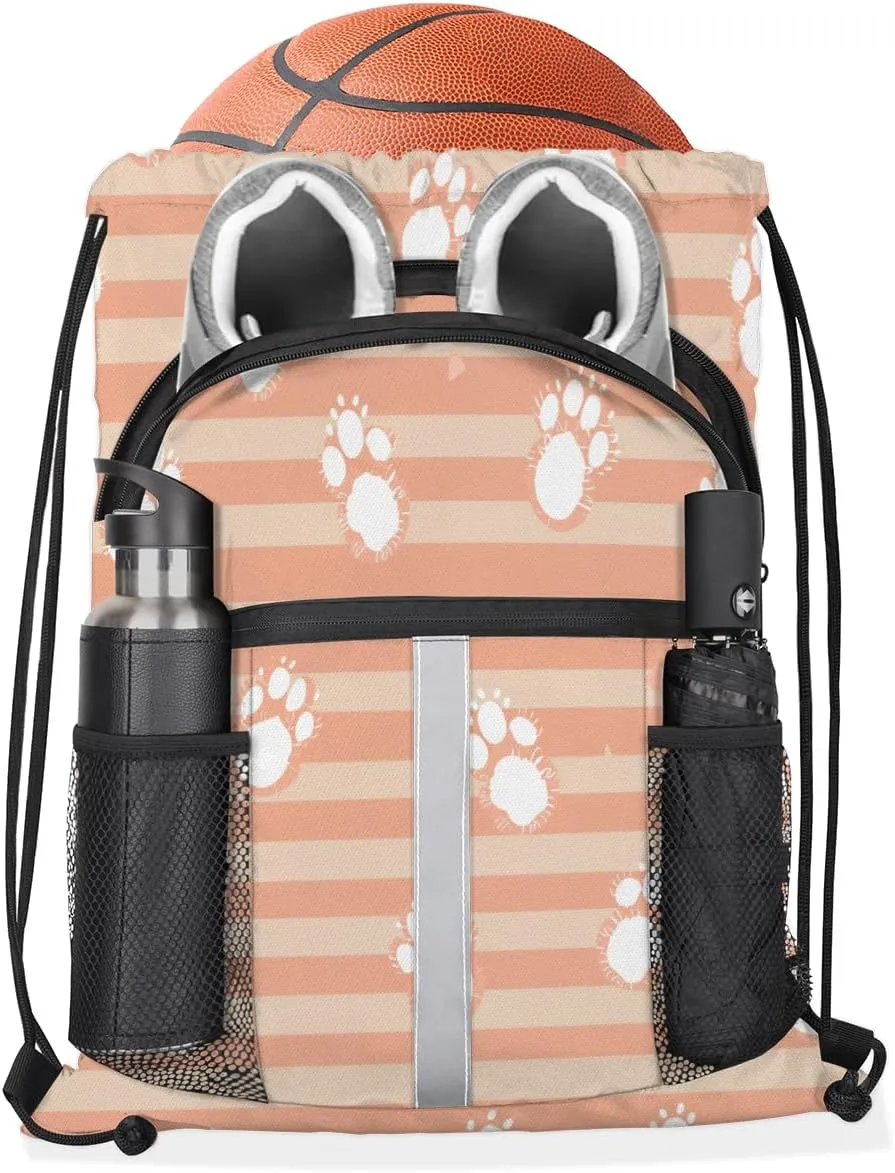 Dog Paws Drawstring Backpack with Water Bottle Pocket Lightweight String Bag Cat Pet Paw Animal Sports Gym Swim Sackpack for Men Women
