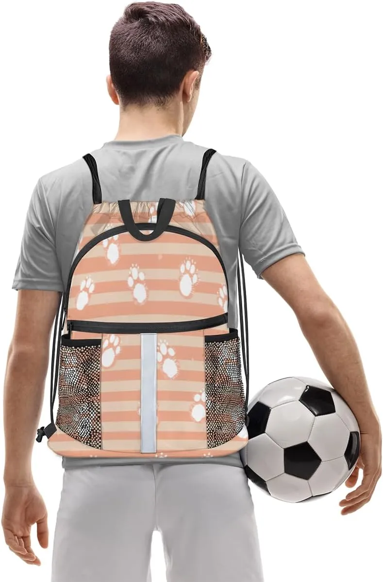 Dog Paws Drawstring Backpack with Water Bottle Pocket Lightweight String Bag Cat Pet Paw Animal Sports Gym Swim Sackpack for Men Women