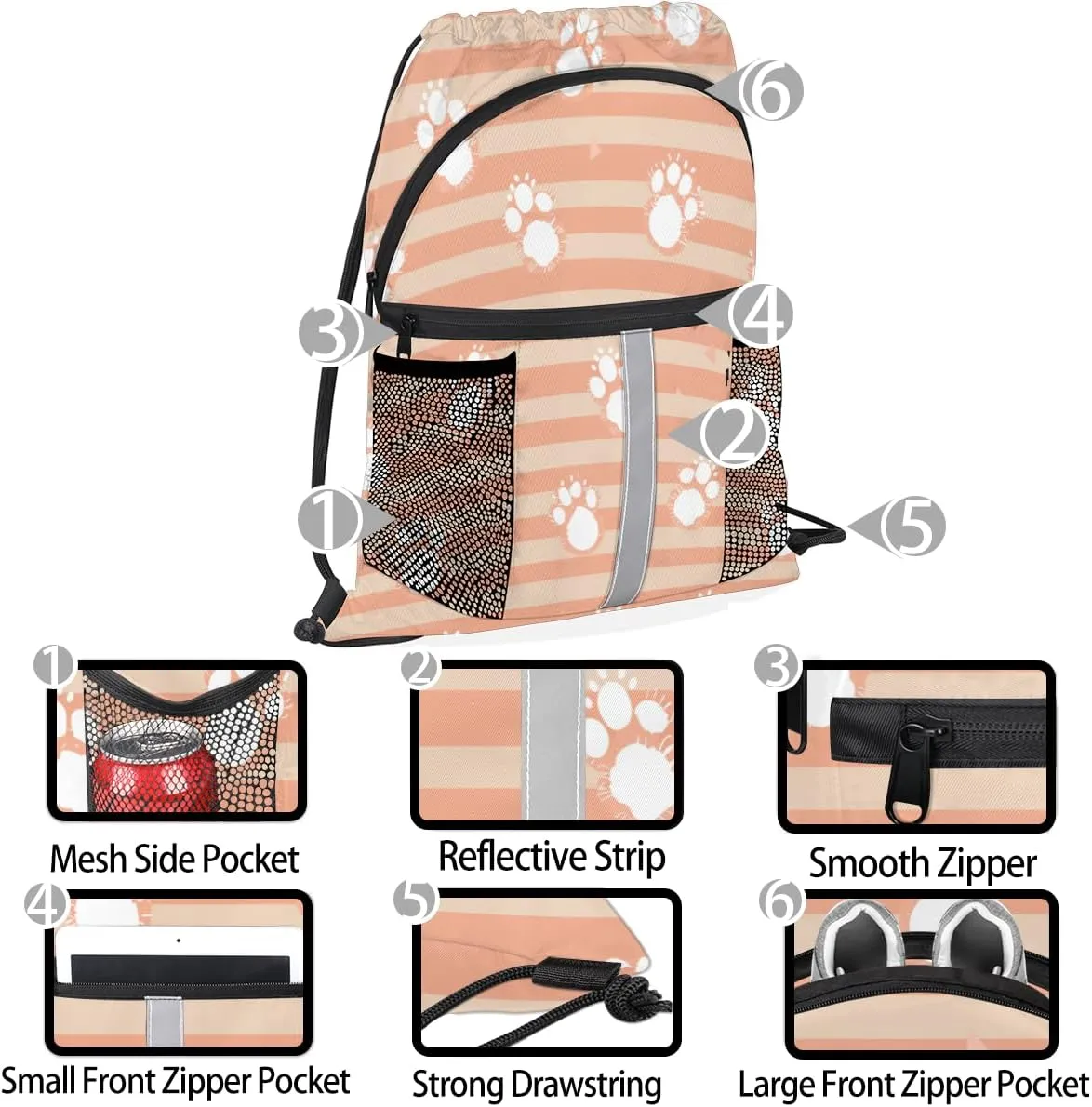Dog Paws Drawstring Backpack with Water Bottle Pocket Lightweight String Bag Cat Pet Paw Animal Sports Gym Swim Sackpack for Men Women